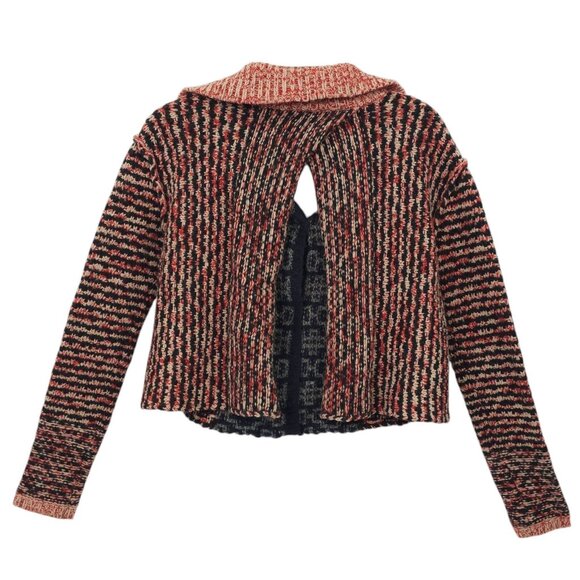 Free People Open Back Sweater Womens S Striped Snap Front Wool Blend Red Black - Picture 3 of 16